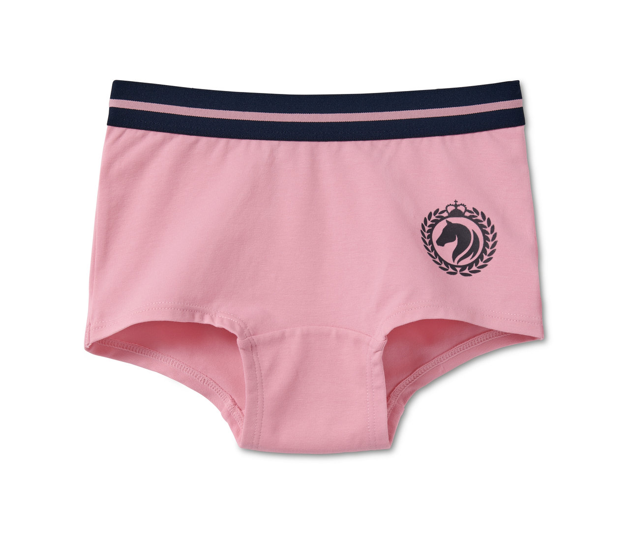 Rosa Panty aus Bio-Baumwolle mit dunkelblau gestreiftem Bund und Pferde-Logo.