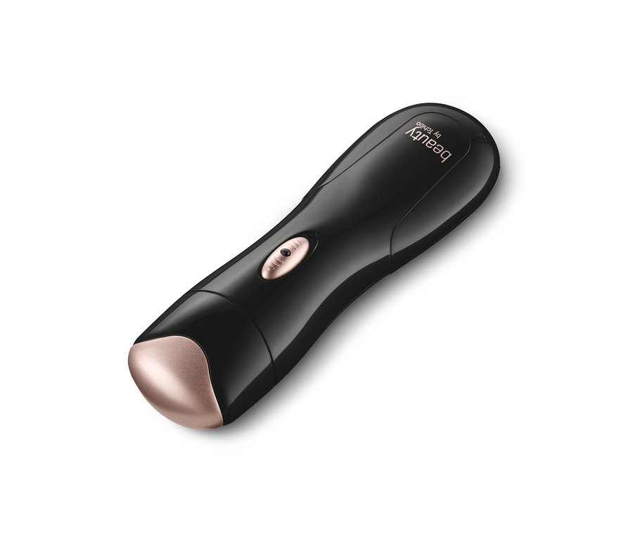 Schwarzer Gesichtsepilierer mit roségoldenem Kopf auf weißem Hintergrund.