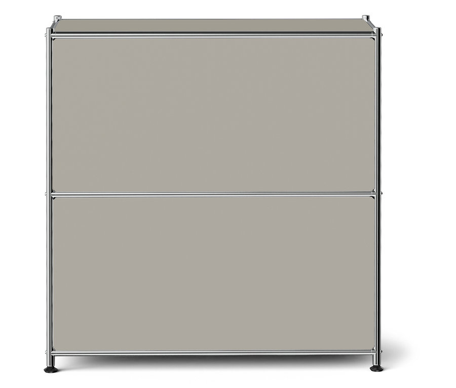 Zweistöckiger grauer Schrank mit Chromrahmen.