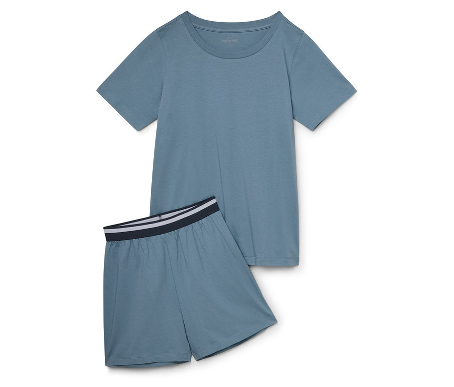 Blaues Kurzarm-T-Shirt und blaue Shorts mit Streifenbund.