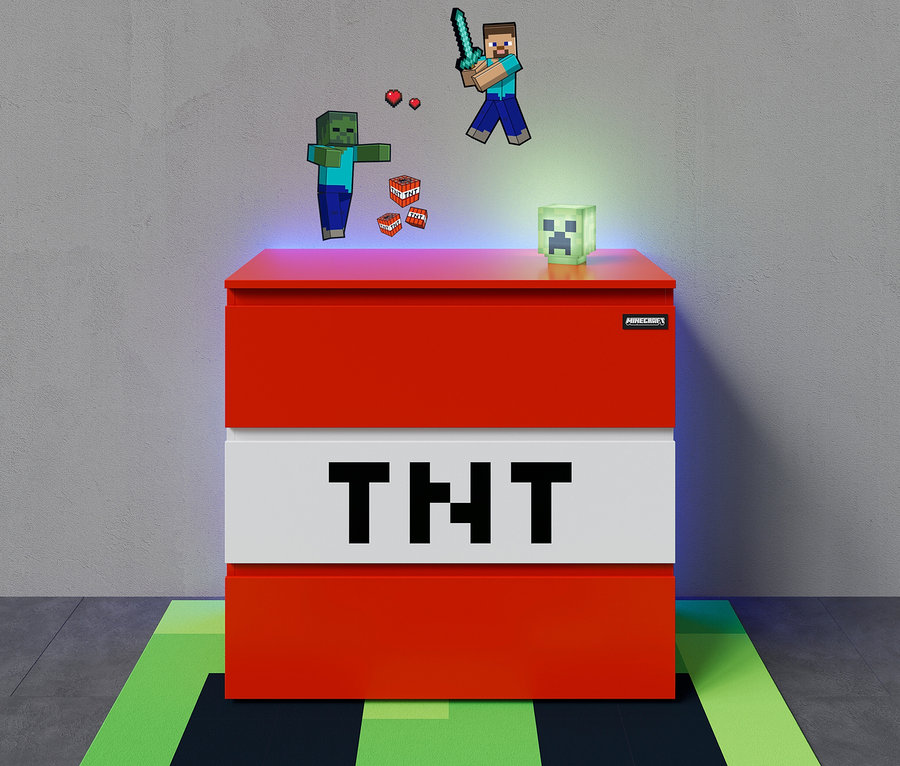 Minecraft Kommode mit roter und weisser Farbgebung und TNT-Schriftzug steht vor einer Wand mit Minecraft-Figuren.