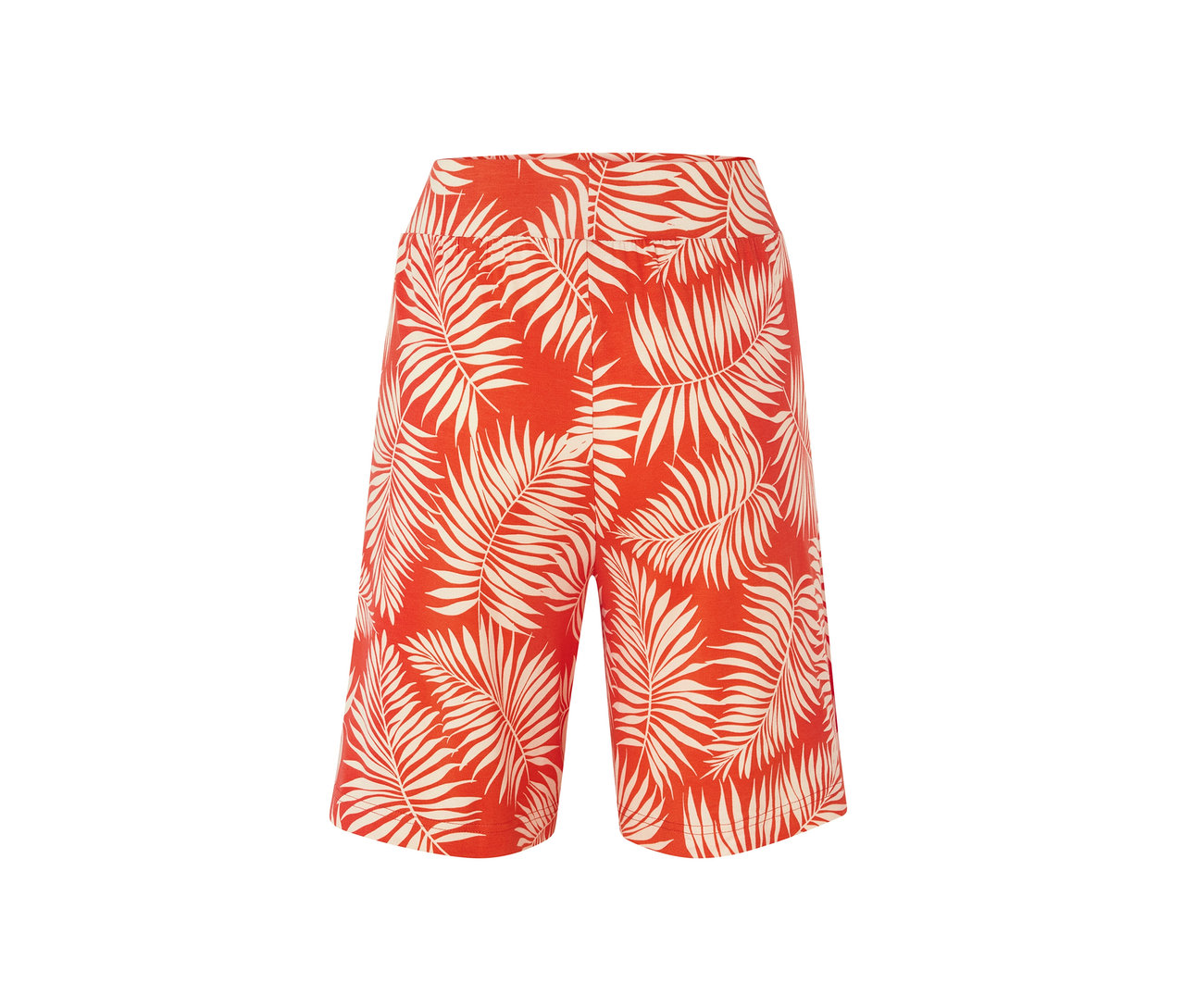 Orangefarbene, bedruckte Jerseyshorts mit Blattmuster.