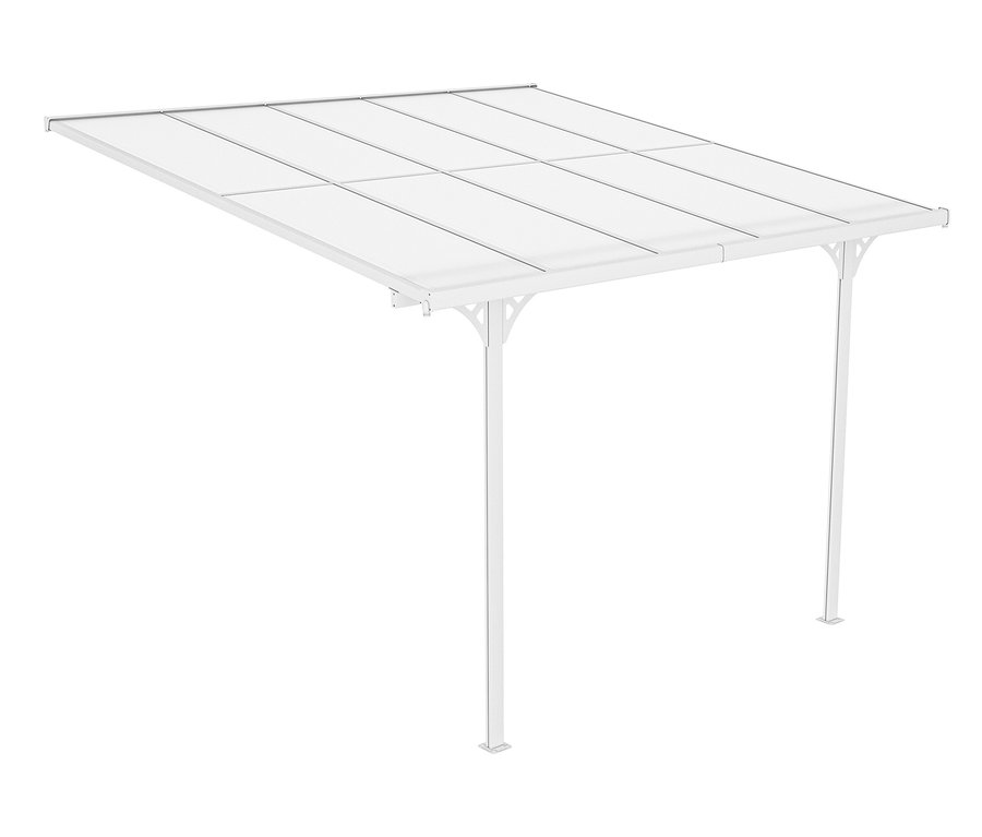 Weiße Terrassenüberdachung, Breite ca. 313 cm.