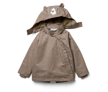 Kinder-Thermo-Regenjacke mit Bärenkapuze, braun mit weißen Tropfen.
