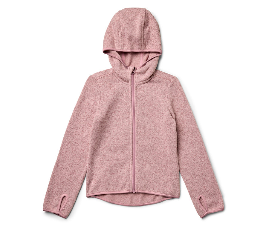 Rosa Fleecejacke mit Kapuze und Reißverschluss.