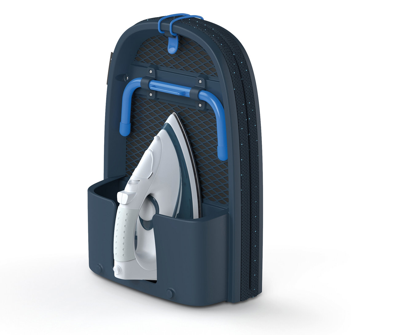 Blaues Joseph Joseph Bügelbrett »Pocket Plus« zusammengeklappt mit Bügeleisen.