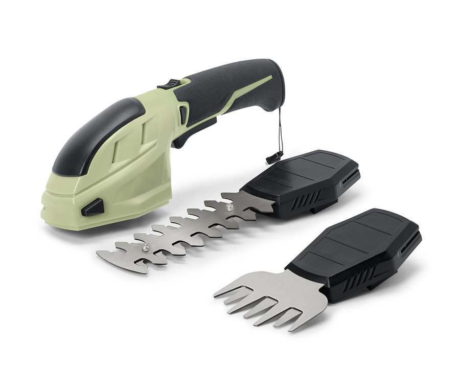 Eine Akku-Gartenschere mit zwei Aufsätzen.