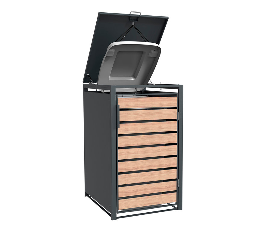 Geöffneter Mülltonnenbox mit Holzlamellen.