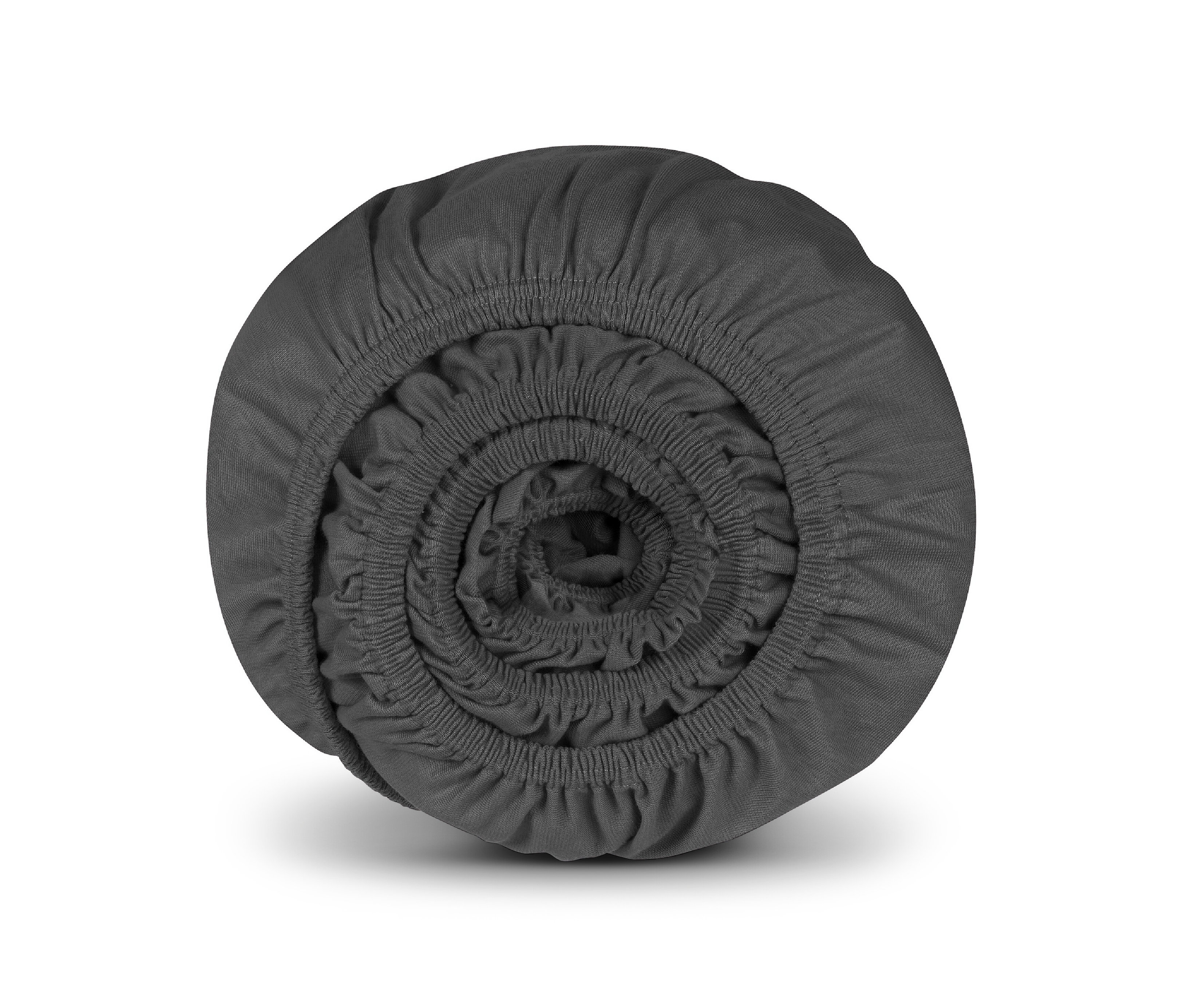 Ein zusammengerolltes, dunkelgraues SCHIESSER Edeljersey-Spannbettlaken »Jessi«.