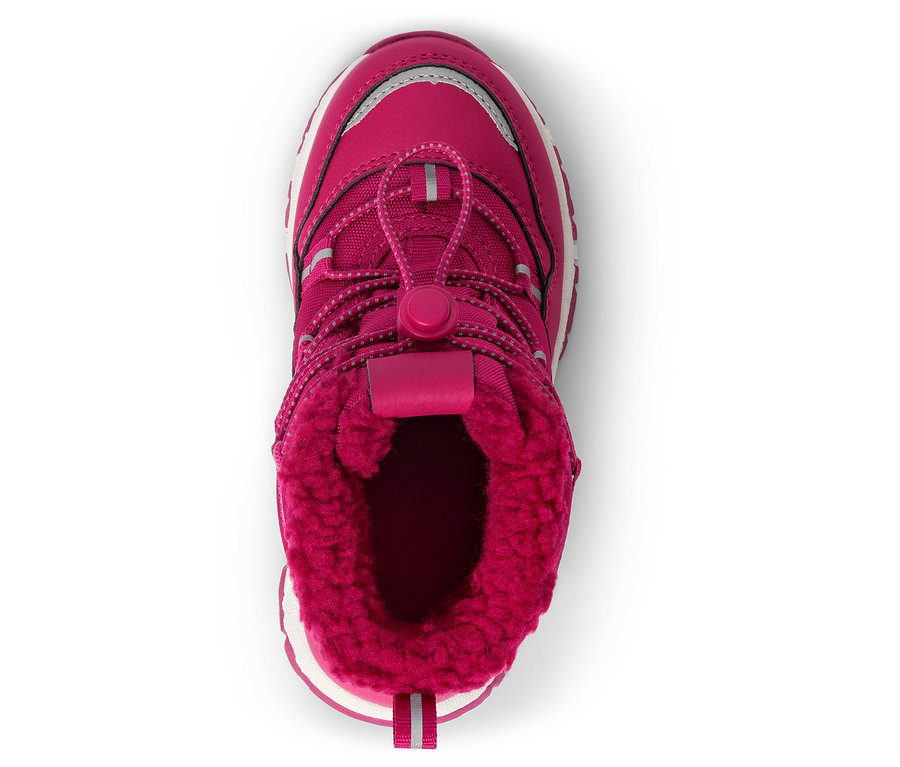 Draufsicht auf einen einzelnen pinkfarbenen Winterstiefel mit Fellfutter und Kordelzug.