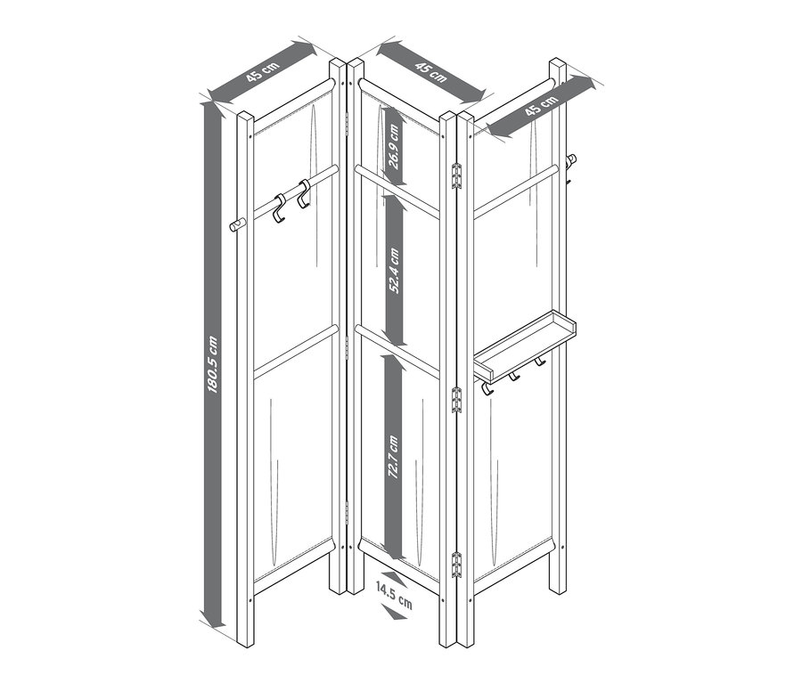 Skizze eines Paravents mit Ablagefläche, Bemaßung in Zentimetern.