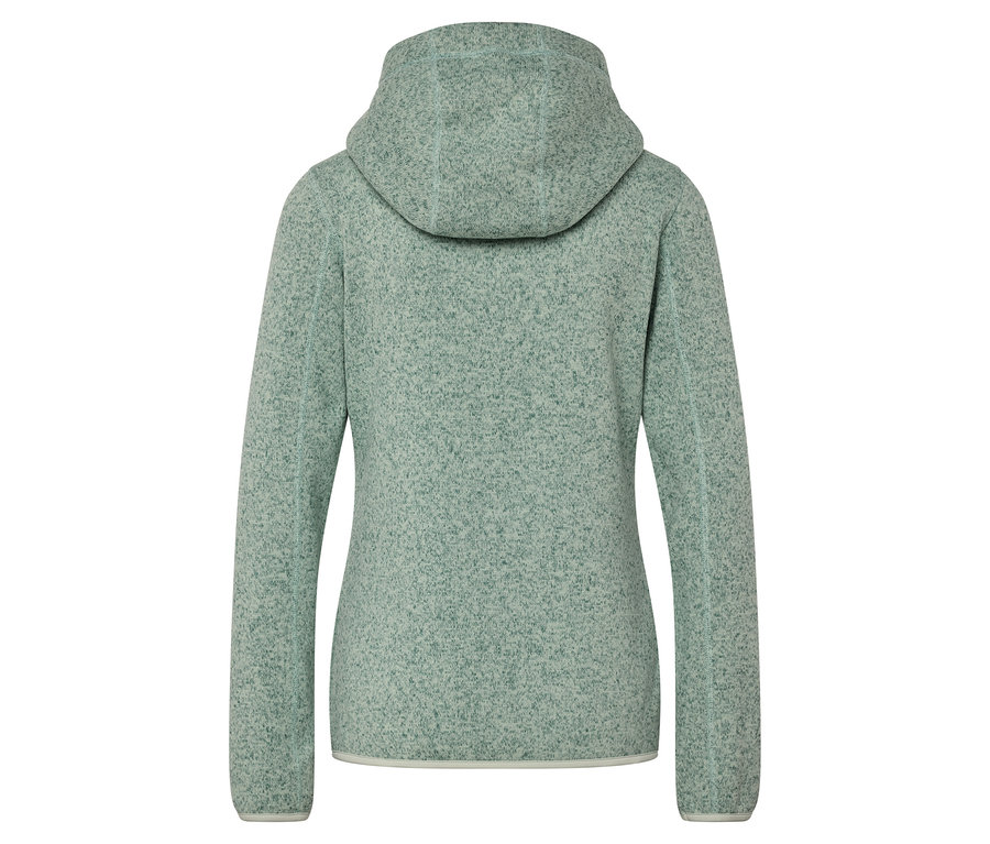 Rückansicht einer hellgrünen Fleecejacke mit Kapuze.