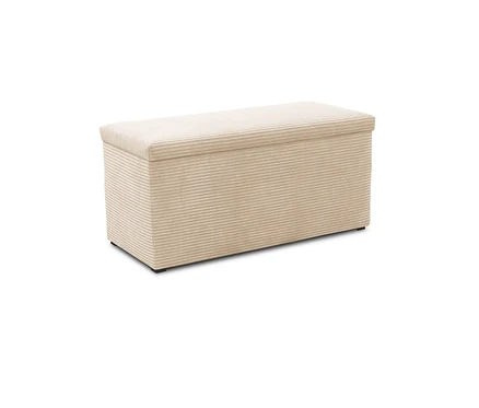 Ein cremefarbener DOMO Hocker mit Staufach vor einem weißen Hintergrund.