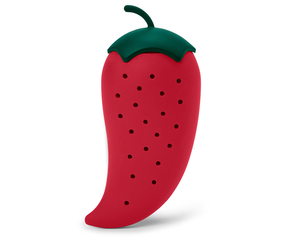 Roter Behälter in Pfefferform mit grünem Deckel und Löchern.