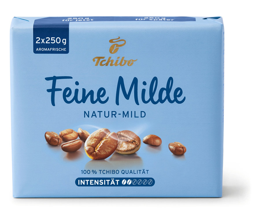 Eine Packung Tchibo Feine Milde gemahlener Kaffee, 2x250g. Auf der Packung sind Kaffeebohnen abgebildet.