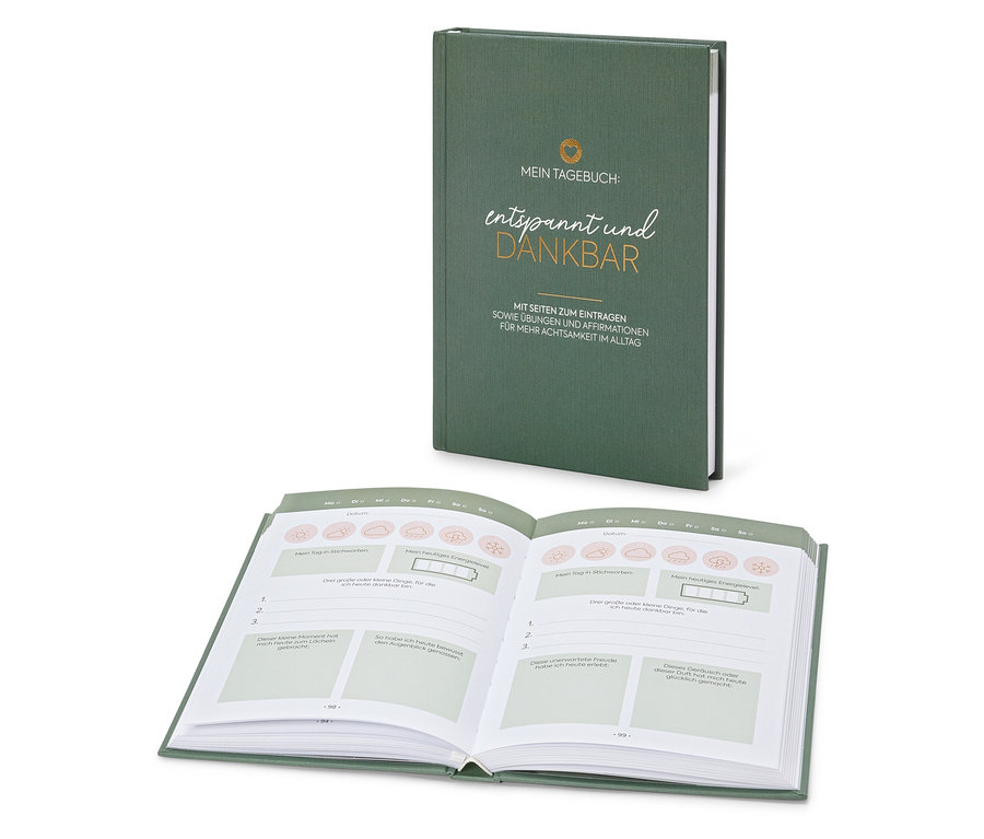 Zwei grüne Notizbücher, eines geschlossen und eines geöffnet.
