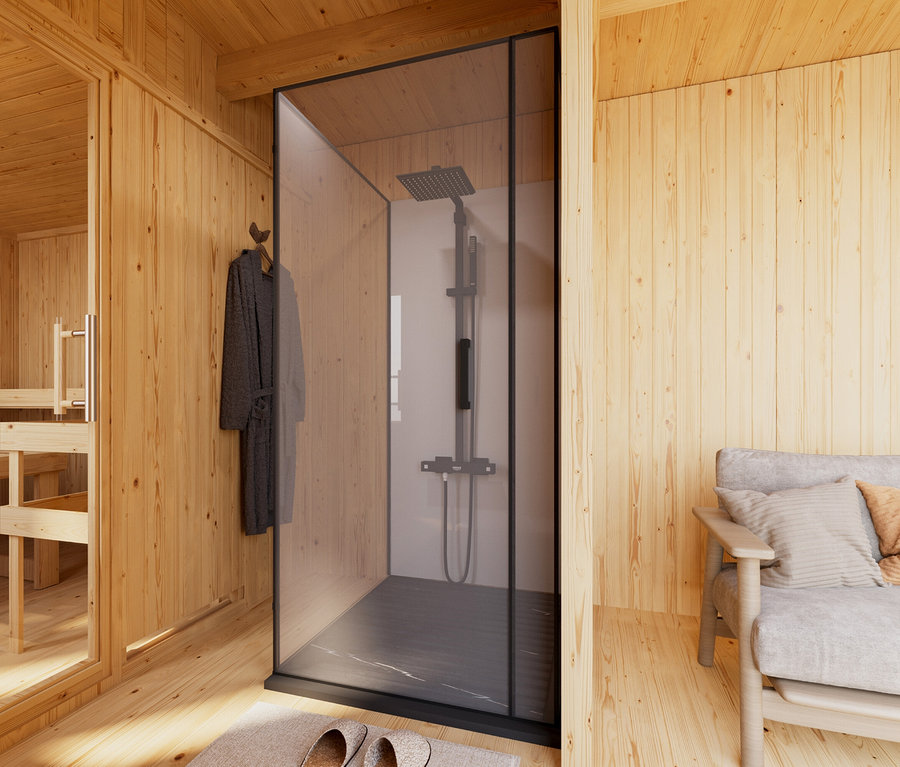 Innenansicht einer Holzsauna mit Duschkabine und Ruhebereich mit Sofa.