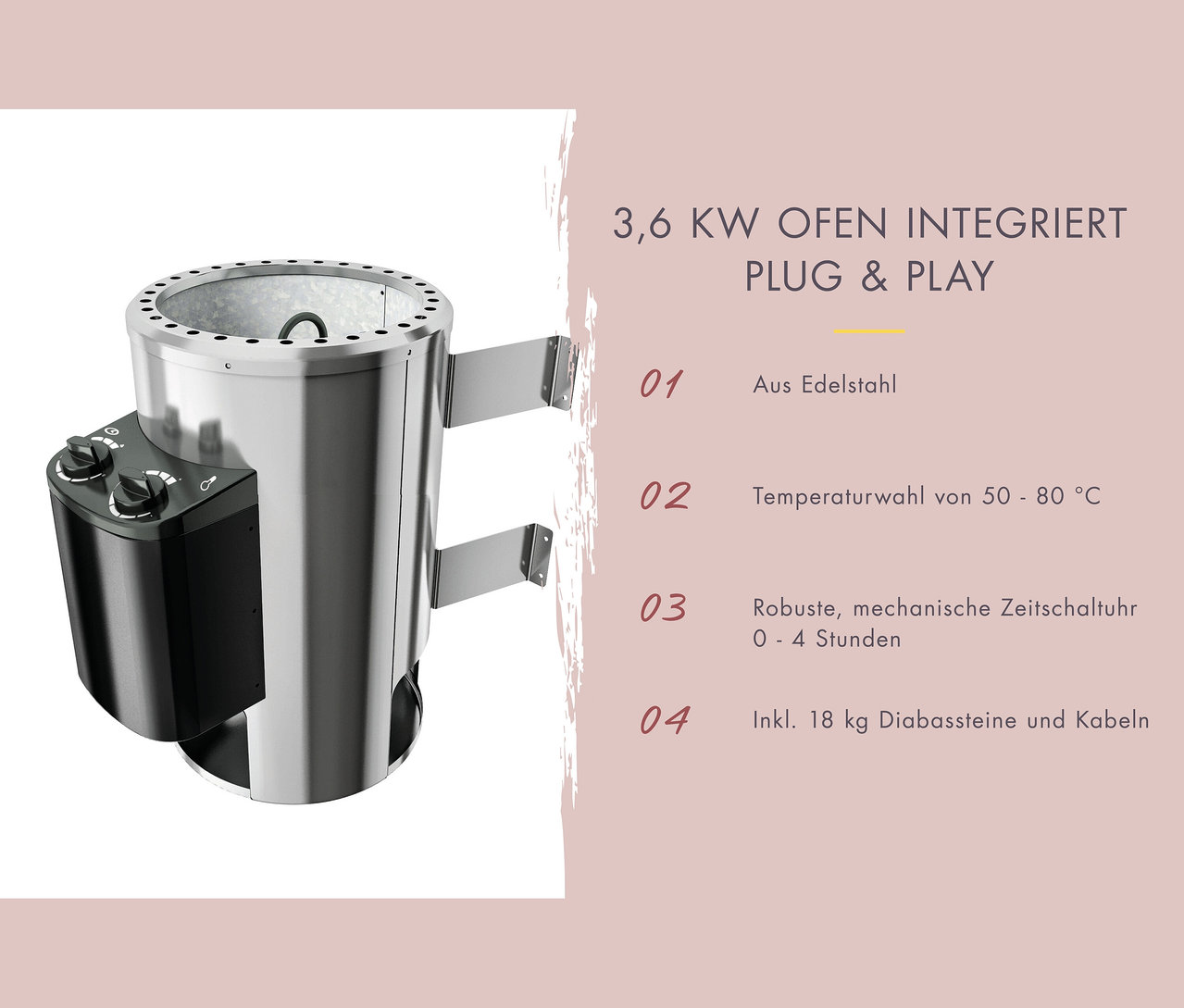 Abbildung des Produkts 3,6 kW Ofen integriert, Plug & Play, aus Edelstahl mit Temperaturwahl von 50–80 °C, robuste mechanische Zeitschaltuhr 0–4 Stunden, inkl. 18 kg Diabassteine und Kabel.