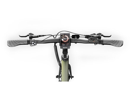 Detailaufnahme des Lenkers eines E-Bikes mit Display in der Mitte.