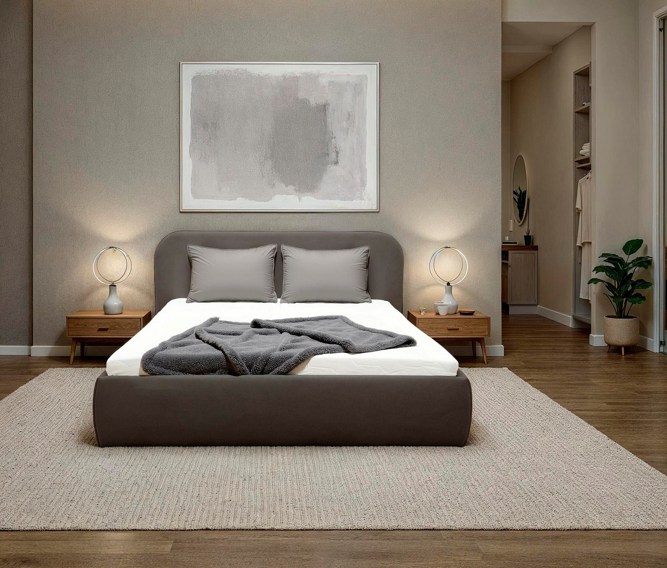 Graues DOMO collection Polsterbett, 180 x 200 cm, mit zwei Kissen und einer grauen Decke auf einem beigen Teppich.