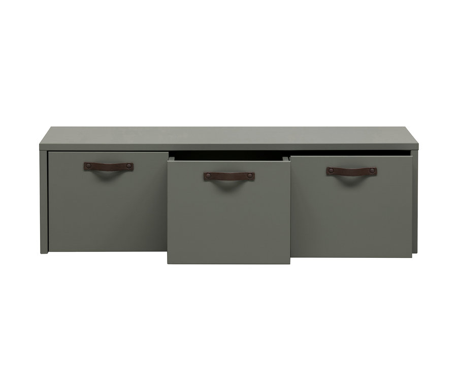 Graue vtwonen »Stage« Bunkbench, geseift, mit drei Schubladen mit braunen Ledergriffen, eine Schublade ist geöffnet.