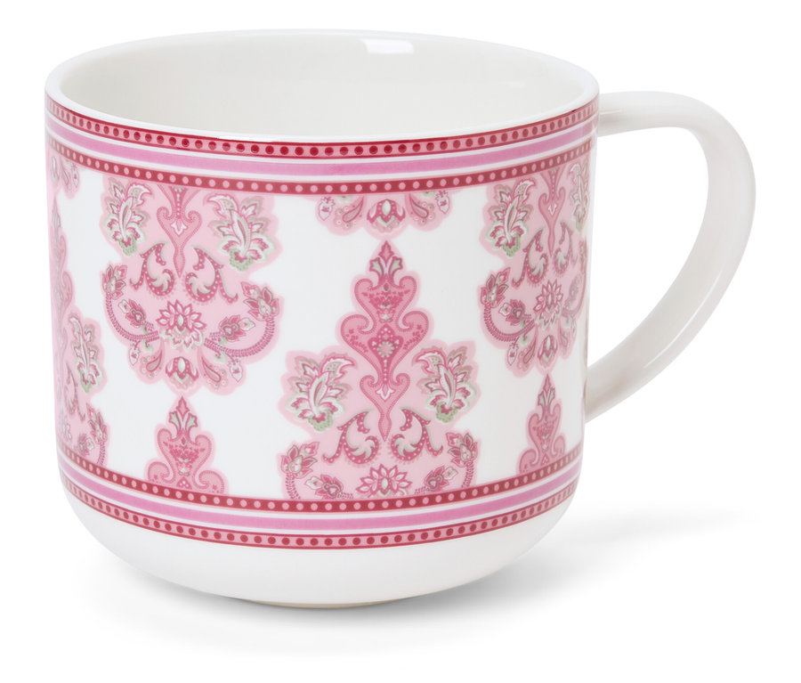 Weißer Becher mit rosa Blumenmuster.