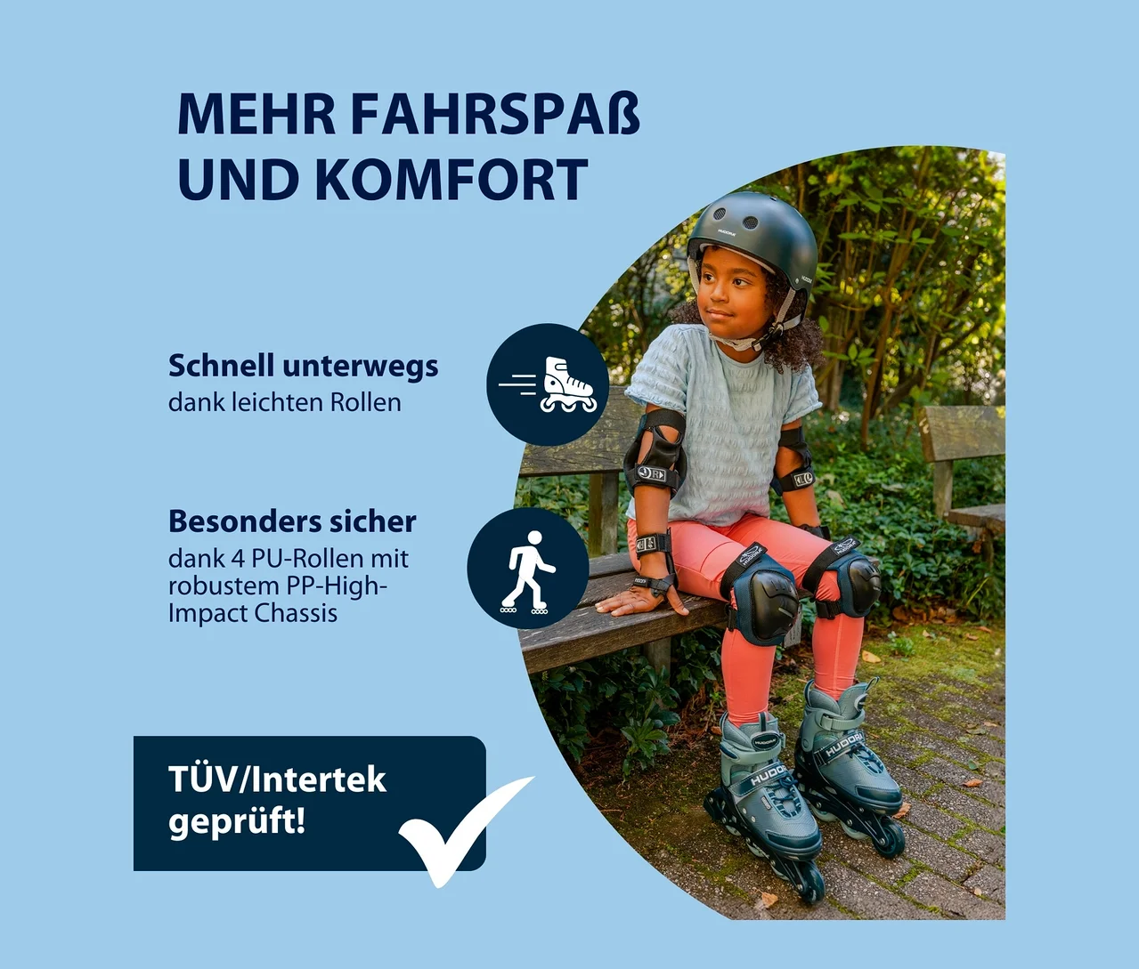 Mädchen sitzt mit HUDORA Inline Skates »Leon 2.0«, Gr. 33–36 und Schützern auf einer Bank.