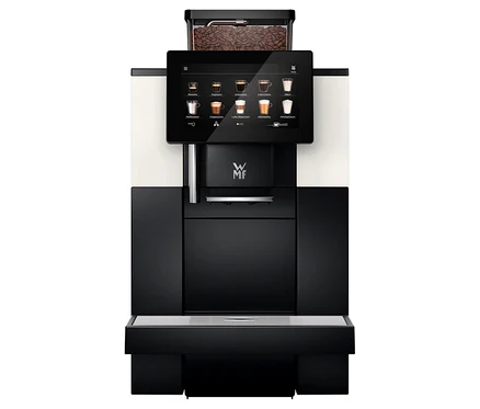 Frontansicht des Profi-Kaffeevollautomaten »WMF 950 S« in Schwarz und Weiß.