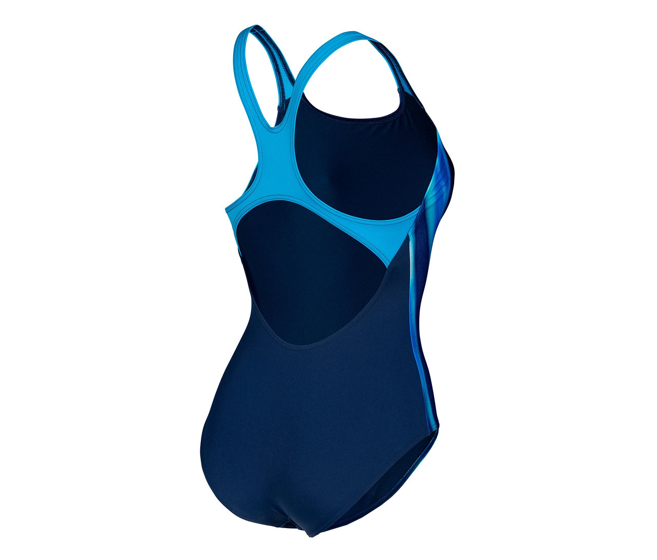 Von hinten ist der arena Performance Damen Badeanzug Two Sides Swim Pro Back zu sehen, mit blauen Trägern und einem Rest des Badeanzugs in Dunkelblau.