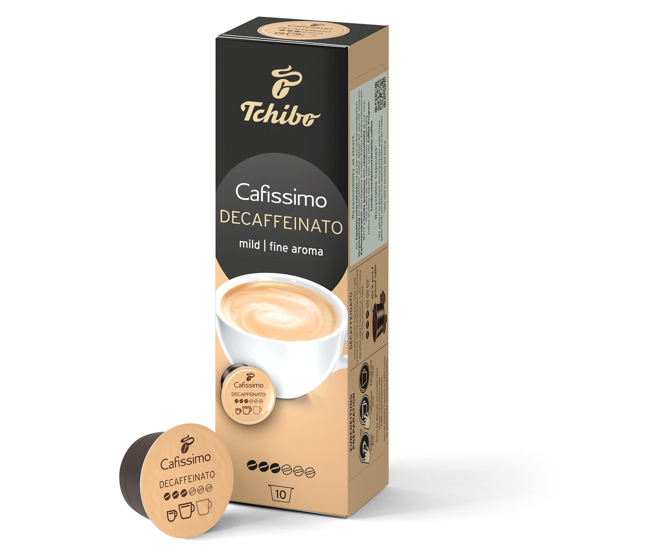 Eine Packung Cafissimo Decaffeinato - entkoffeiniert - 10 Kapseln steht neben einer einzelnen Kapsel.