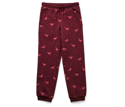 Weinrote Jogginghose mit rosa Pferde- und Sternenmuster.