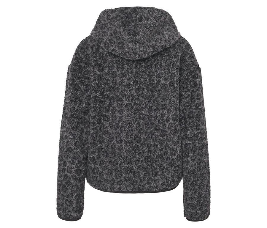Rückansicht einer grauen, zotteligen Kapuzenjacke mit Tiermuster.