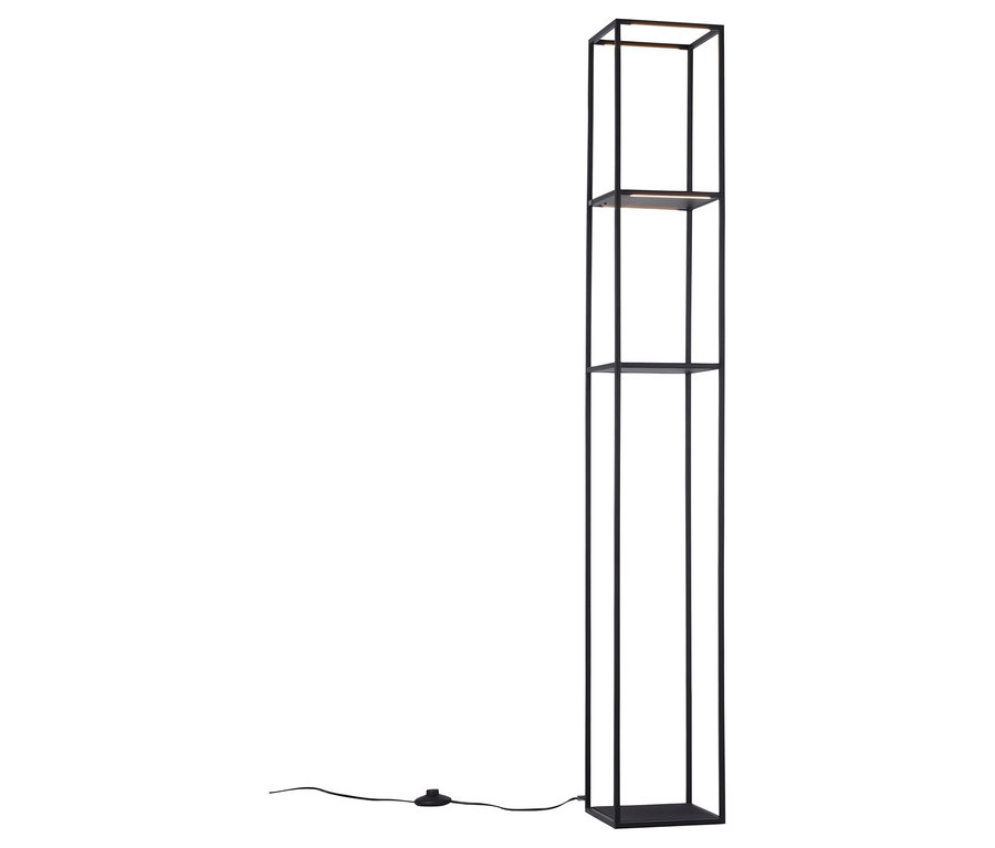 Schwarze, hohe Lampe mit Rahmen und zwei Ablagen.