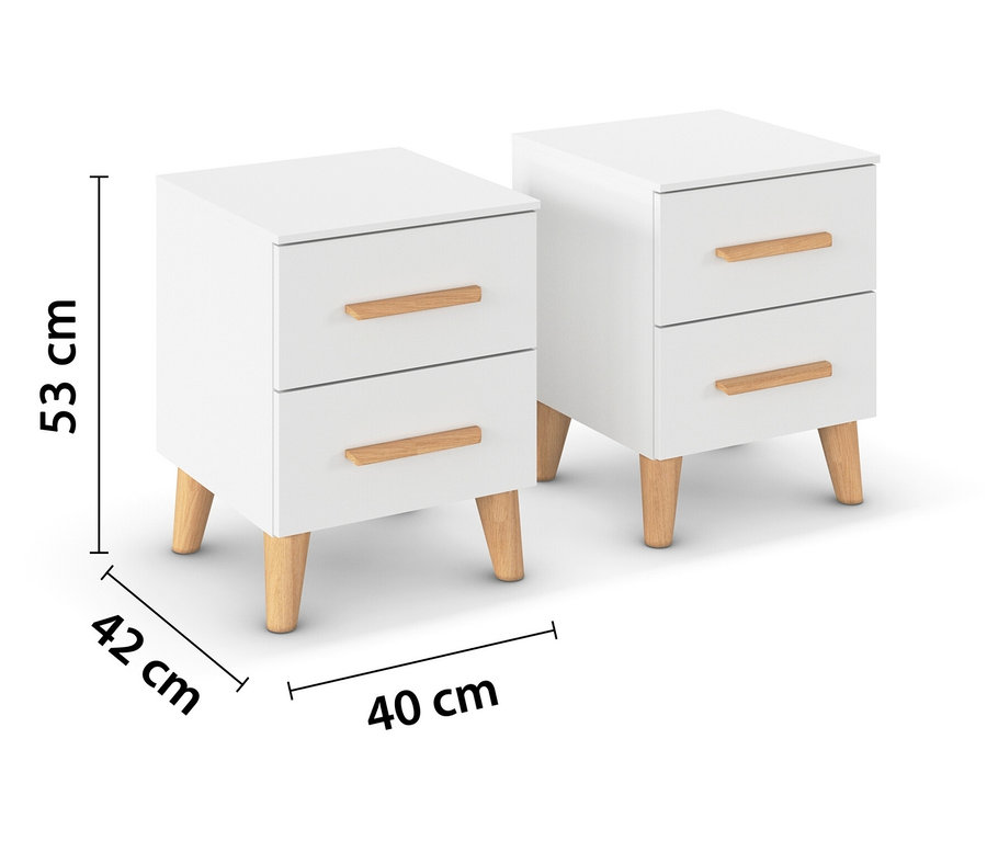 Zwei weiße Nachttische mit zwei Schubladen und Holzbeinen.