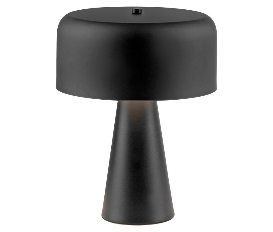 Eine schwarze Tischleuchte mit einem konischen Fuß und einem zylindrischen Schirm.