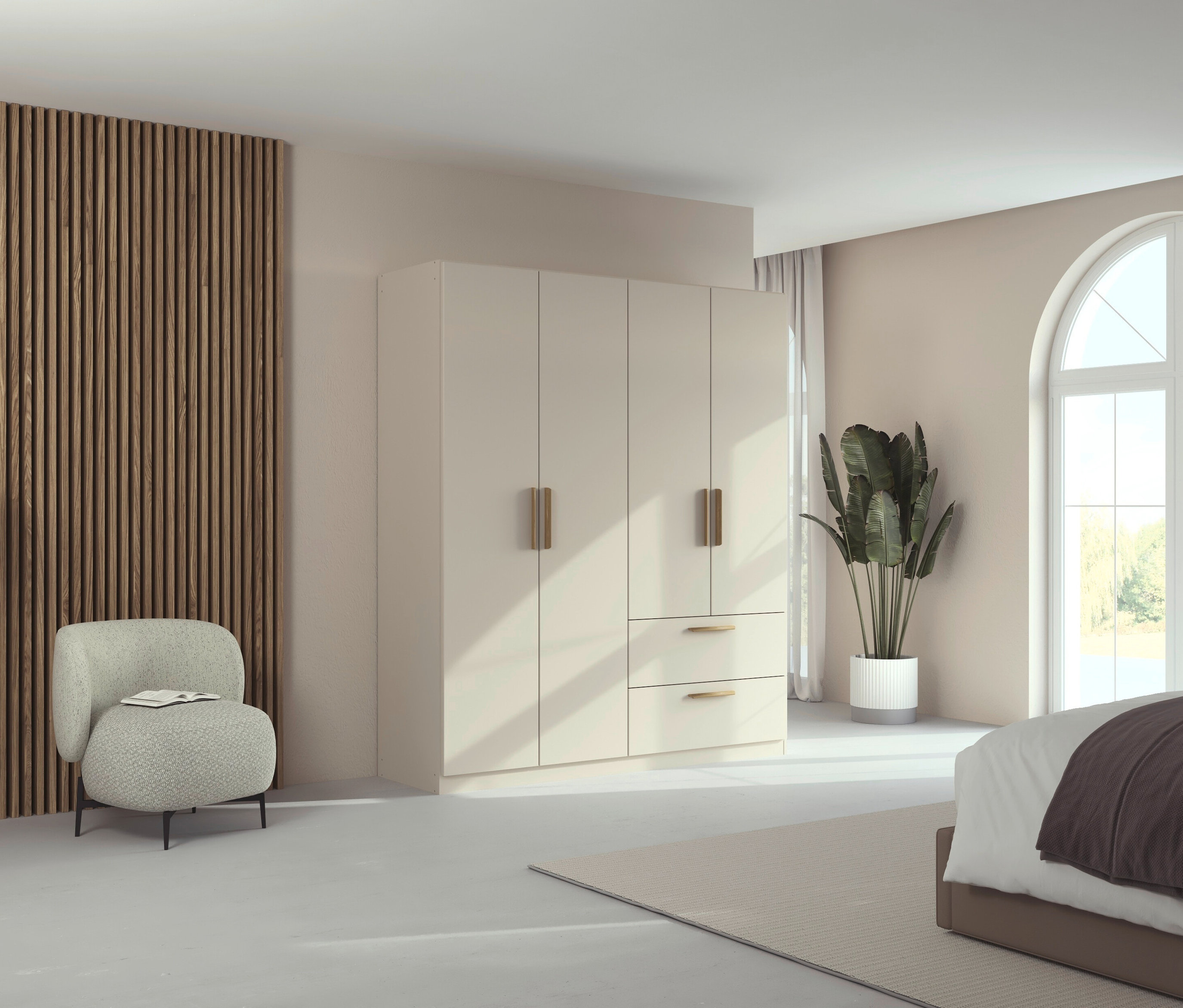 Ein beiger/champagnerfarbener Rauch Drehtürenschrank "Skandi" mit 4 Türen und zwei Schubladen steht in einem hellen Raum.