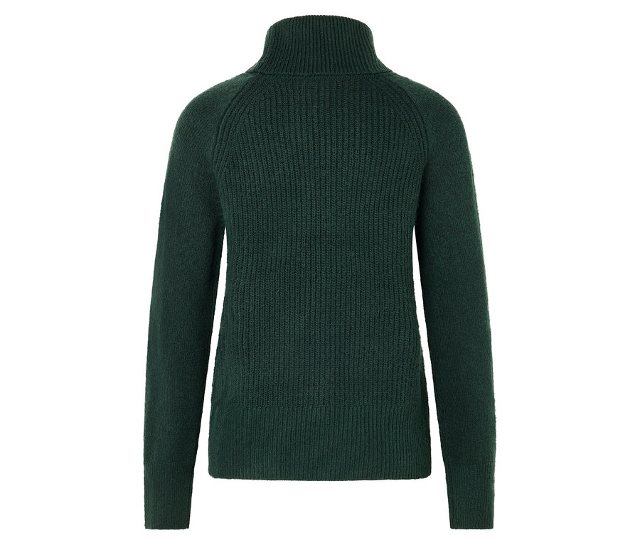 Dunkelgrüner Rollkragenpullover mit langen Ärmeln.