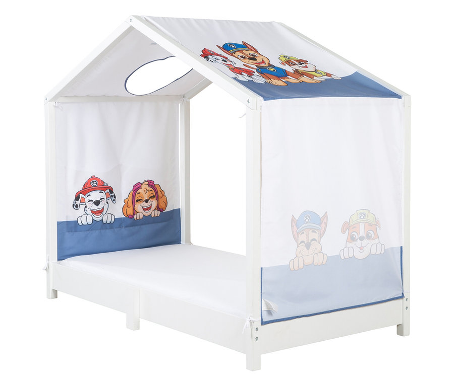 Weißes Kinderbett mit Paw Patrol-Motiven.