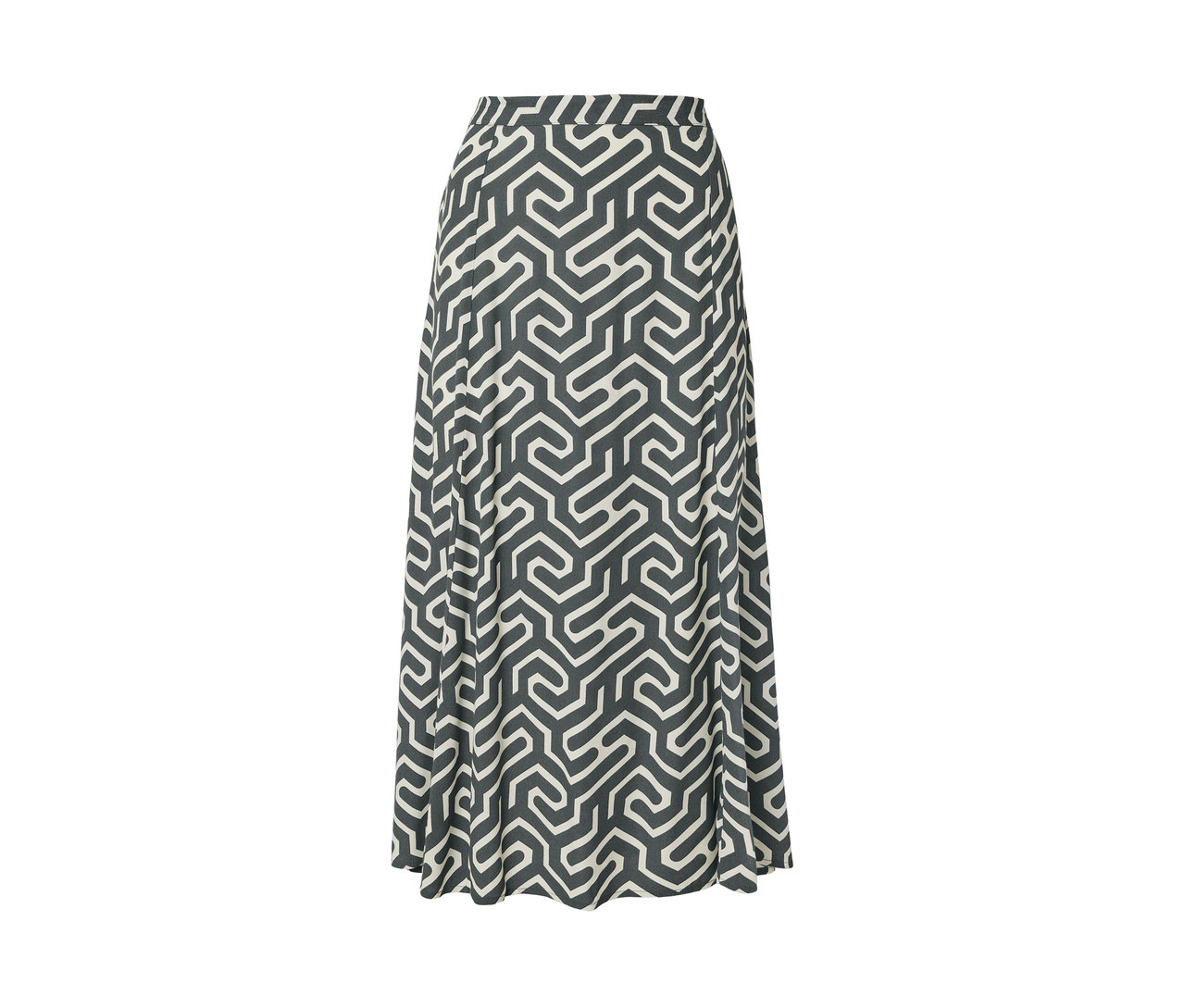 Bedruckter Midi-Rock mit geometrischem Muster in Grau und Weiss.