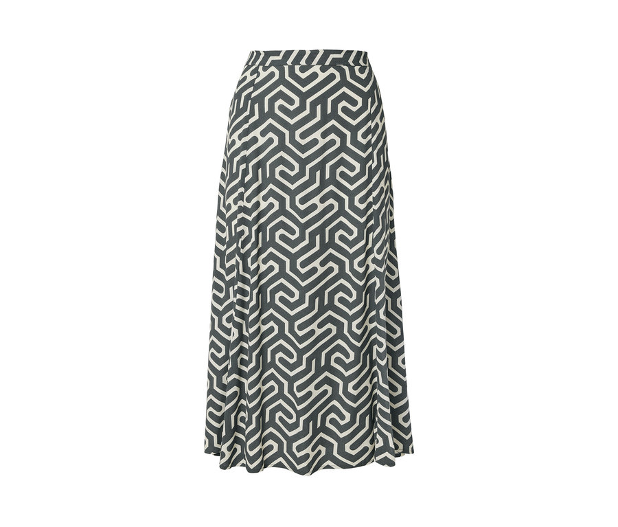Bedruckter Midi-Rock mit geometrischem Muster in Grau und Weiss.