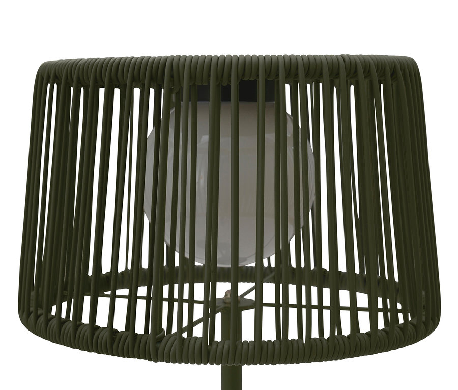 Grüne Leco Solar Stehleuchte mit integriertem Tisch.