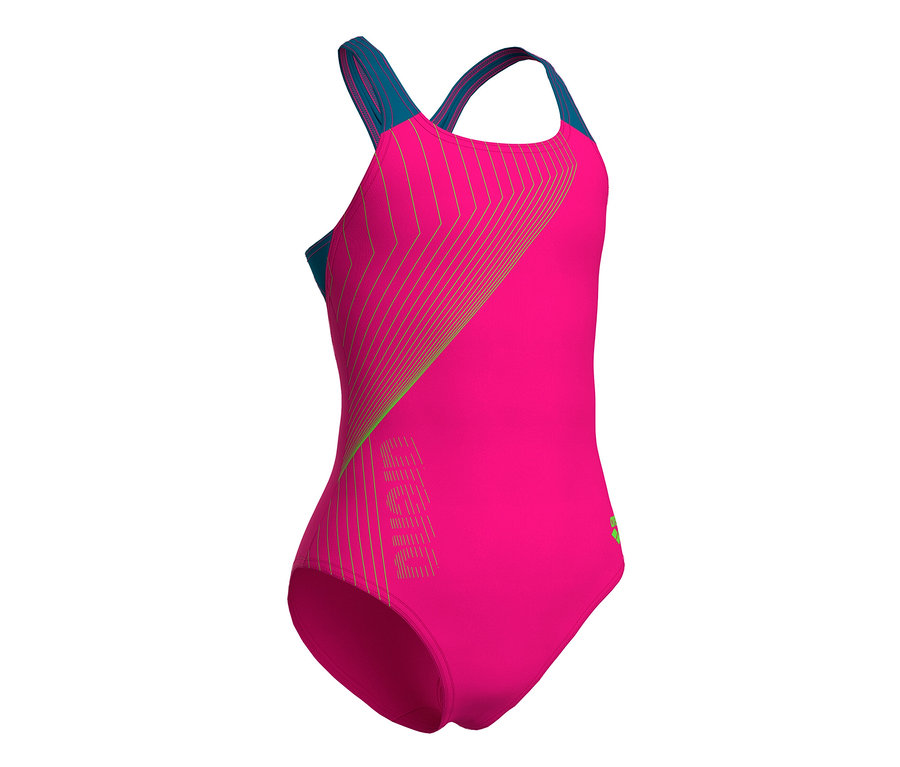 Arena Kinder-Badeanzug Swim Pro Back Graphic in Pink mit türkisfarbenen Trägern und grünen geometrischen Mustern.