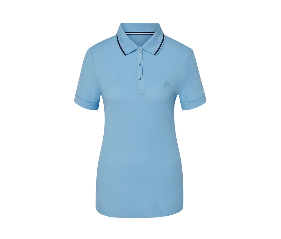 Hellesblaues Funktionspoloshirt mit kurzen Ärmeln.