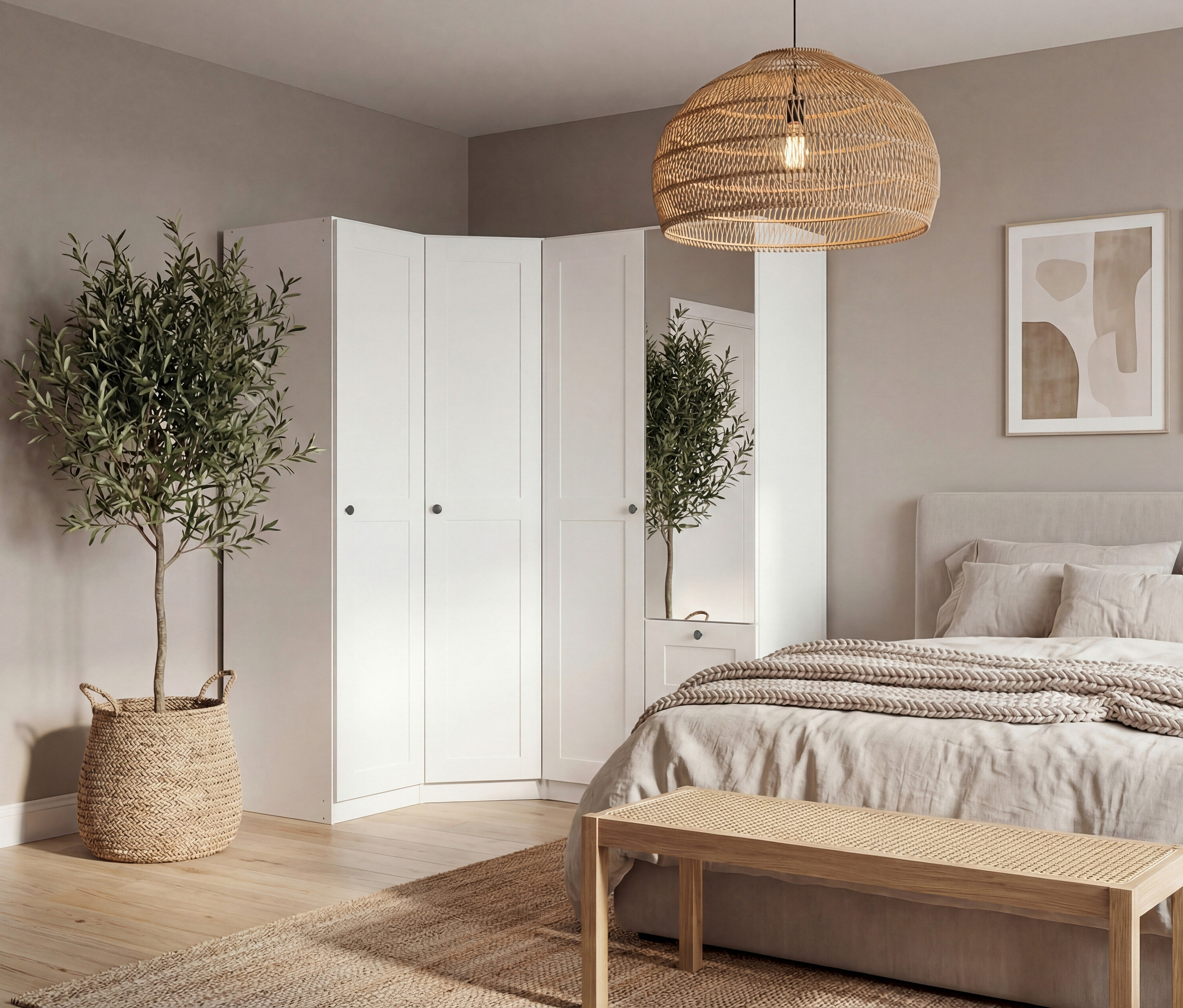 Schlafzimmer mit weißem Eckkleiderschrank, Bett mit beiger Bettwäsche, Bank, Zimmerpflanze im Korb und geflochtener Hängelampe.