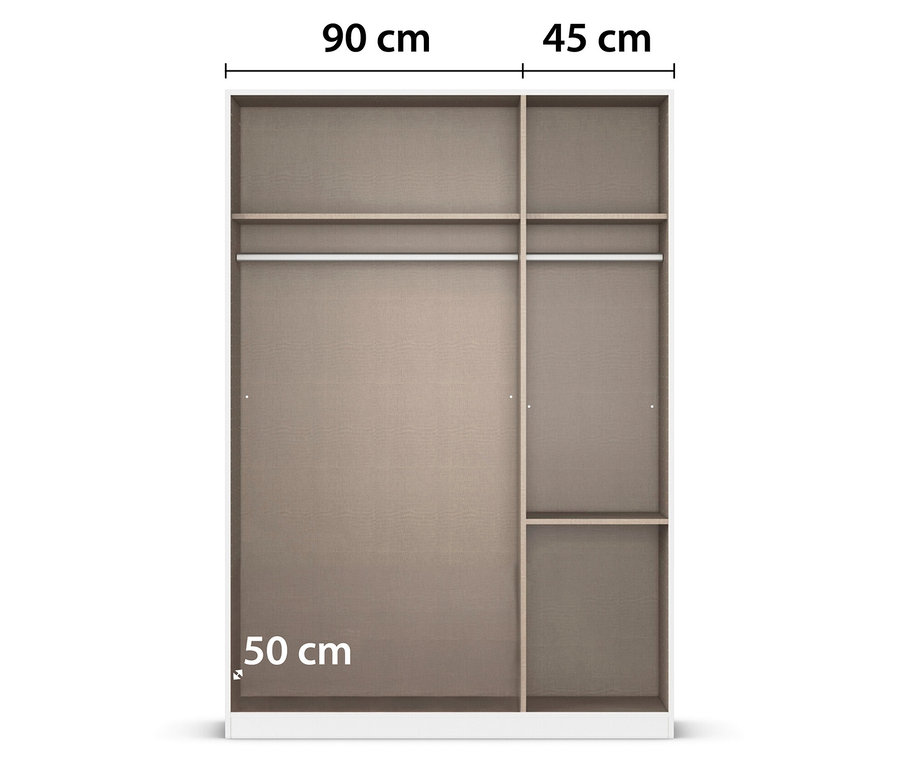 Beiger Kleiderschrank mit Regal und Kleiderstange, Maße 90 cm x 45 cm oben und 50 cm unten.