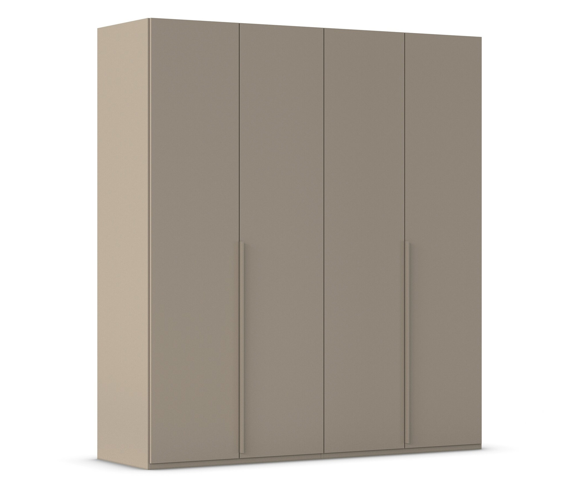 Beiger Schrank mit vier Türen und langen, schmalen Griffen.