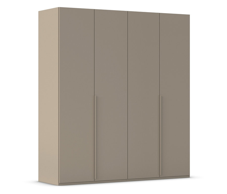 Beiger Schrank mit vier Türen und langen, schmalen Griffen.
