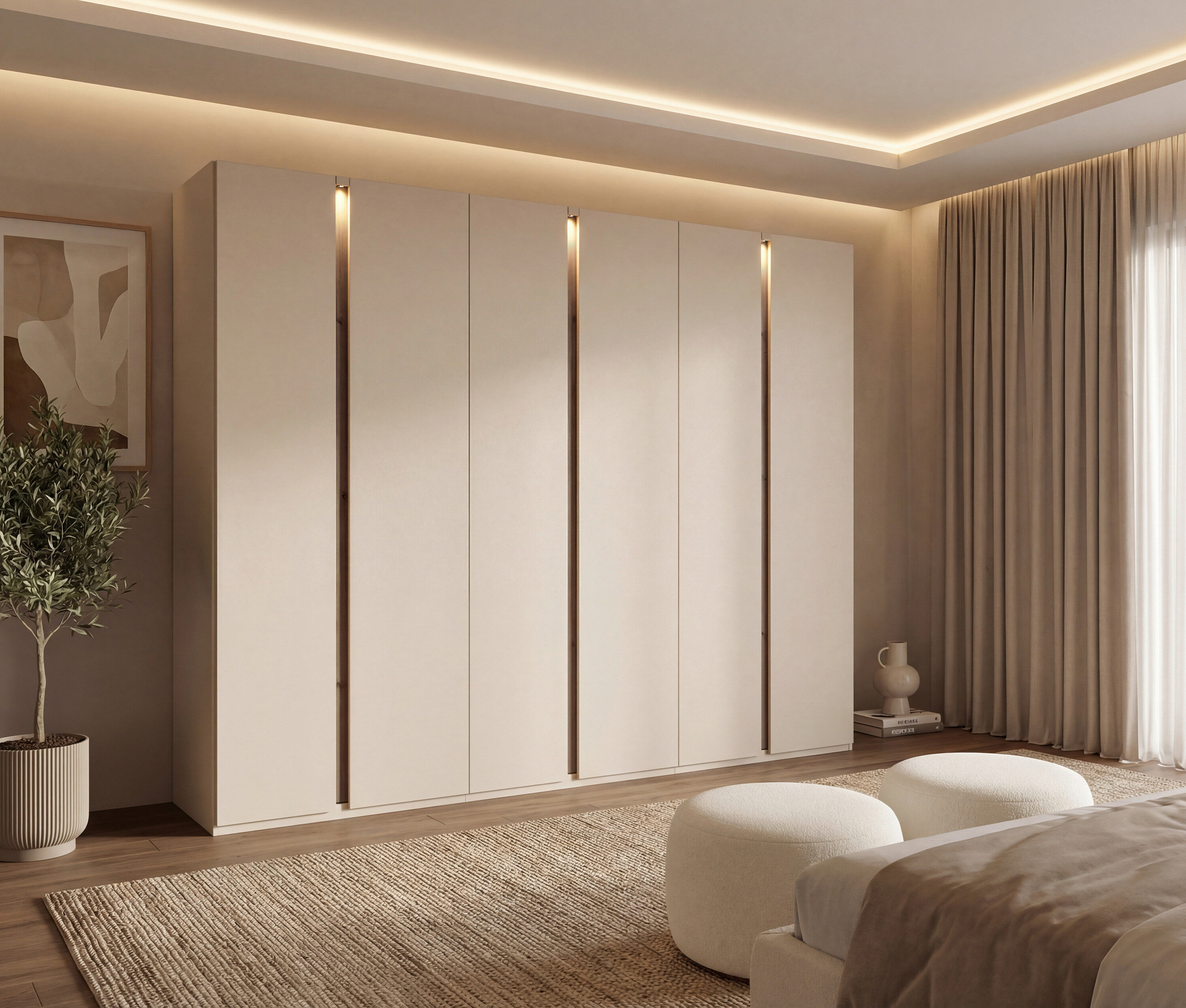 Schlafzimmer mit Rauch Kleiderschrank »Luana«, 6-türig, mit Beleuchtung. Vorne zwei Hocker und ein Bett.