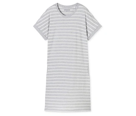 Das SCHIESSER Kurzarm-Sleepshirt ist grau-weiß gestreift und liegt auf einem weißen Untergrund.