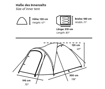 Abbildung der Abmessungen eines Innenzeltes mit Höhen-, Breiten- und Längenangaben in Zentimetern und Zoll.